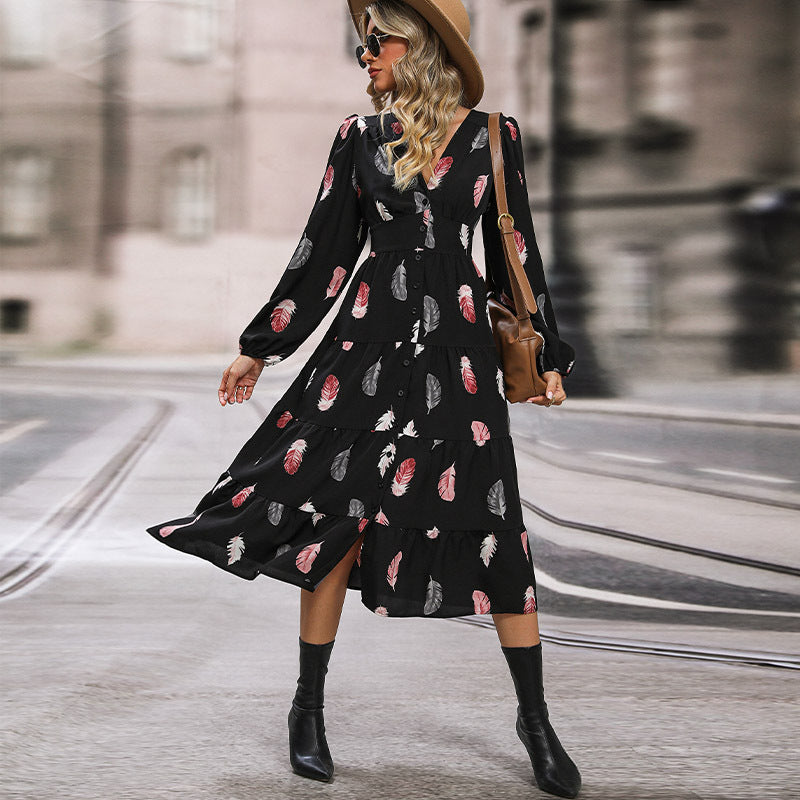 Damen Midikleid mit V-Ausschnitt, dreiviertel Ärmeln, Stufenrock und Federmuster Shop Nory