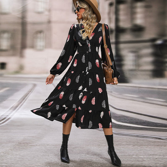 Damen Midikleid mit V-Ausschnitt, dreiviertel Ärmeln, Stufenrock und Federmuster Shop Nory