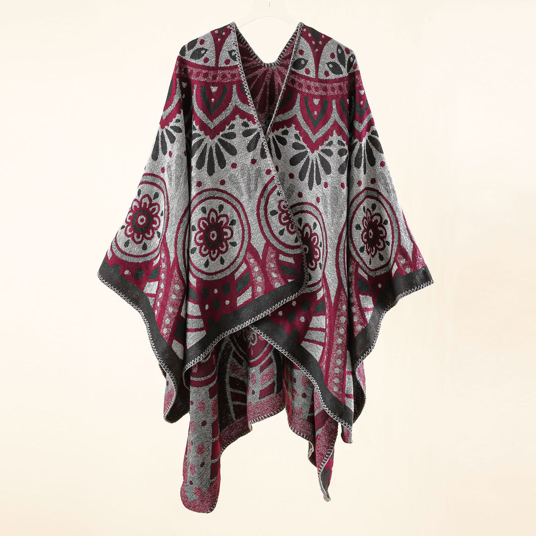 Damen Wollmix-Umhangponcho mit ornamentaler Jacquardstruktur und offenem Fall Shop Nory