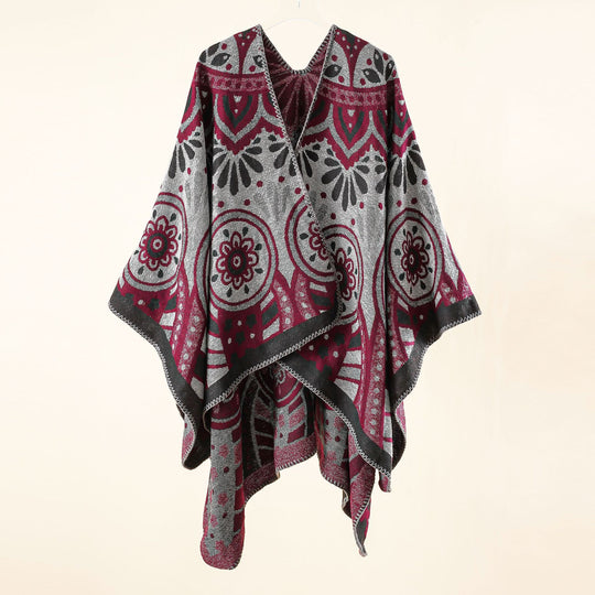 Damen Wollmix-Umhangponcho mit ornamentaler Jacquardstruktur und offenem Fall Shop Nory