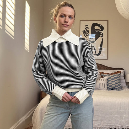 Damen Gestreifter Strickpullover mit übergroßem Kontrastkragen Shop Nory