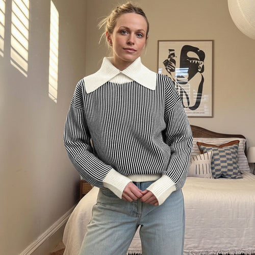 Damen Gestreifter Strickpullover mit übergroßem Kontrastkragen Shop Nory
