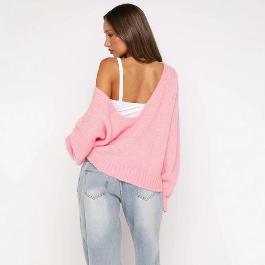 Damen Oversize Bouclé-Pullover mit weitem Boot-Ausschnitt und gerippten Bündchen Shop Nory