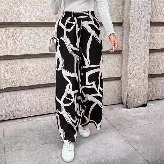 Damen Weit geschnittene Chiffon-Hosen mit modernem Grafikmuster