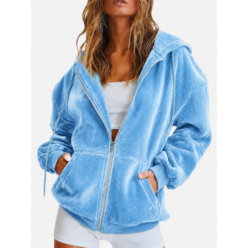 Damen Oversize Velours-Kapuzenjacke mit Reißverschluss Shop Nory