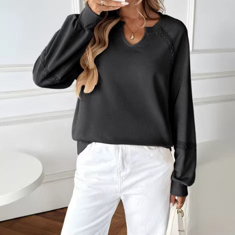 Damen Lässiges Sweatshirt mit V-Notch, Spitzeneinsätzen und Ballonärmeln Shop Nory