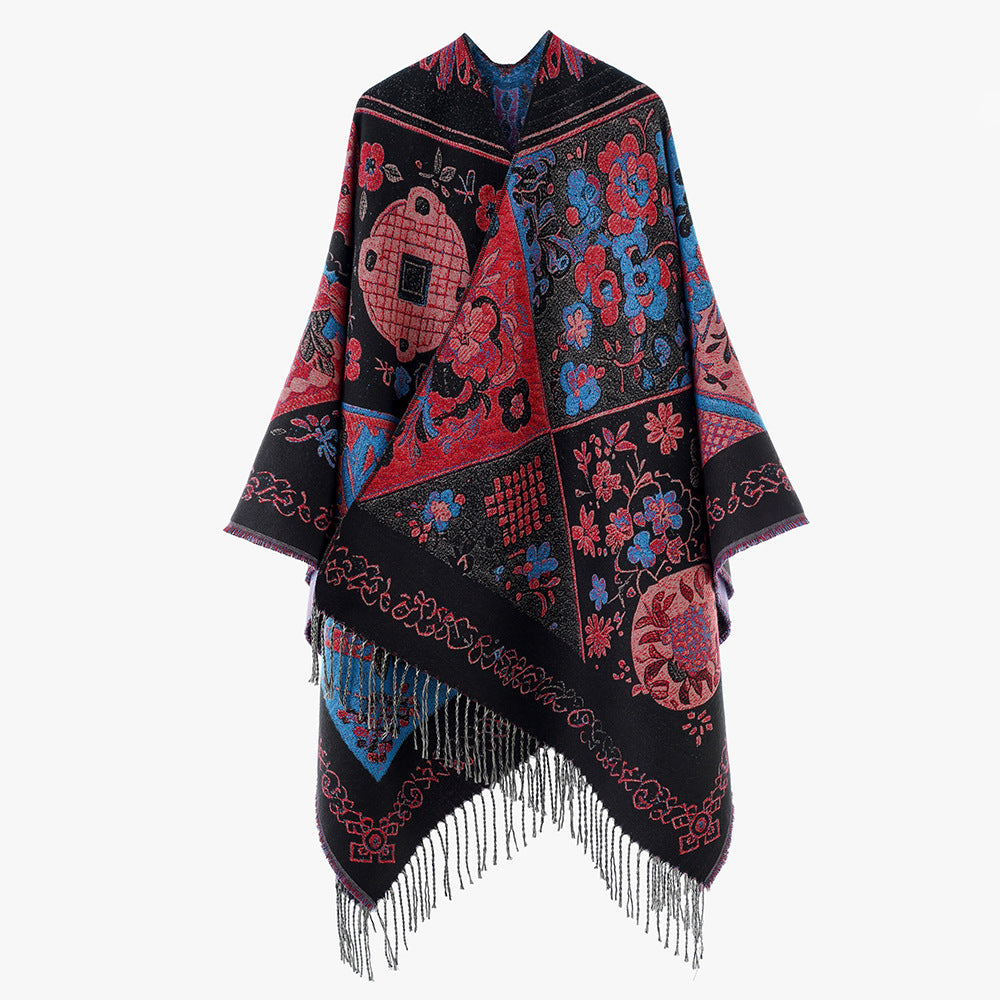 Damen Jacquard-Wollmix-Poncho mit Patchwork‑Blumenmuster und Fransensaum Shop Nory