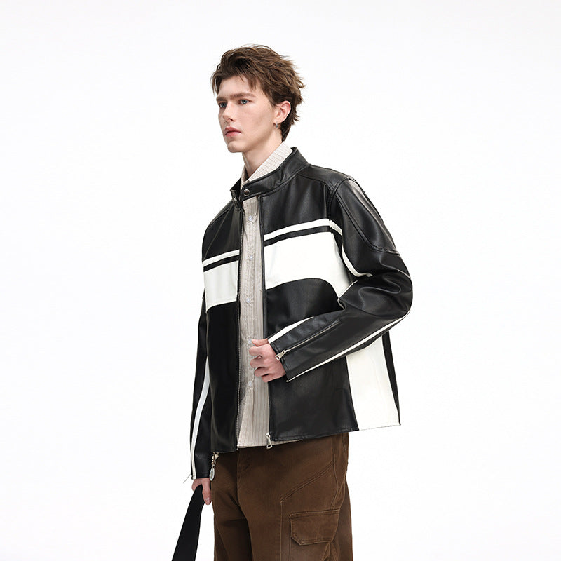 Herren Kontrast-Kunstleder-Bikerjacke mit Stehkragen und Zip-Ärmeln Shop Nory