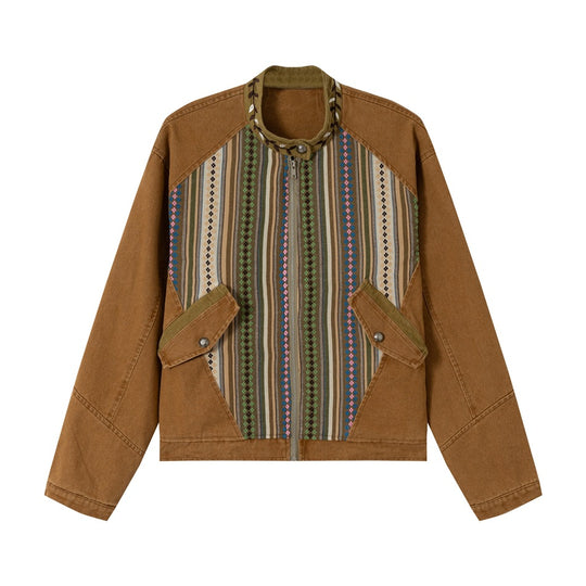 Damen kurze Baumwoll-Blousonjacke mit Ethno‑Webpaneelen und Cordbesatz Shop Nory