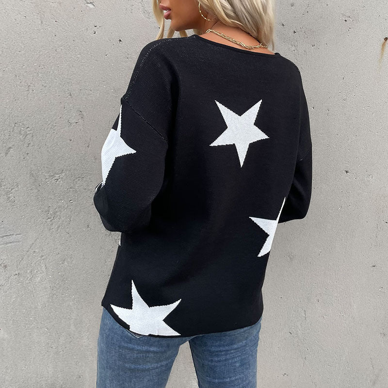 Damen Oversize V‑Ausschnitt Strickpullover mit großem Sternen‑Jacquard Shop Nory