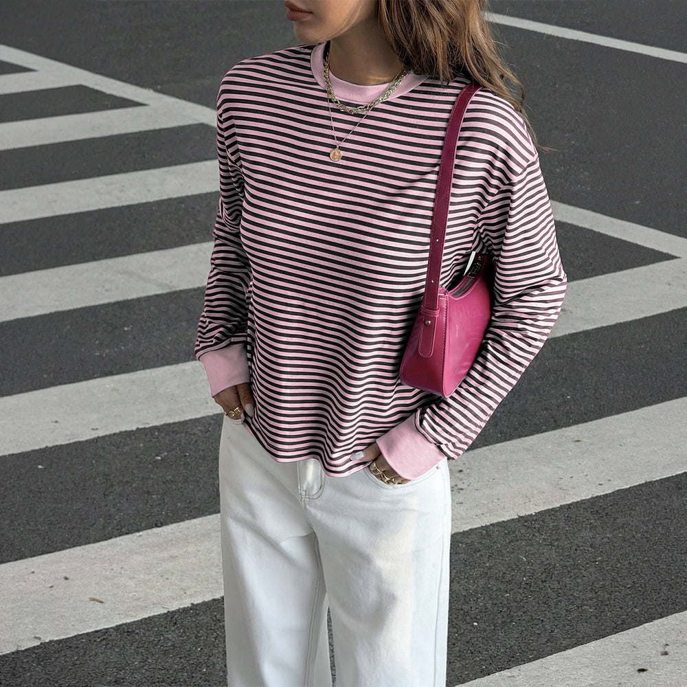 Damen nan lässiges gestreiftes Oversize-Longsleeve mit kontrastierendem Rundhalsausschnitt und verlängertem Rückensaum Shop Nory