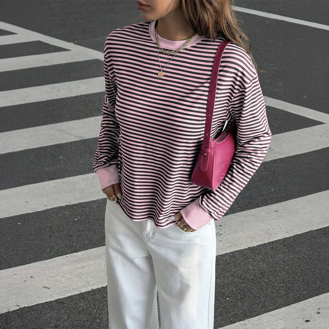 Damen nan lässiges gestreiftes Oversize-Longsleeve mit kontrastierendem Rundhalsausschnitt und verlängertem Rückensaum Shop Nory