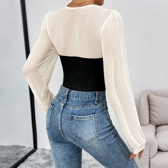 Damen Figurbetonter Body mit eckigem Ausschnitt und kontrastierenden Puffärmeln Shop Nory