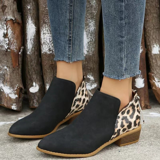 Damen Kurzschaft-Ankleboots mit spitzer Vorderkappe, Leoparden-Fersen und verdecktem Reißverschluss Shop Nory