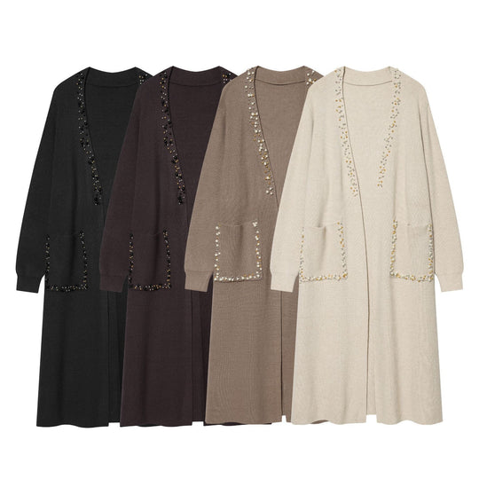 Damen langer Strickcardigan mit Perlenverzierung und aufgesetzten Taschen Shop Nory