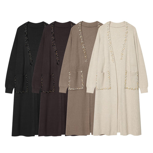 Damen langer Strickcardigan mit Perlenverzierung und aufgesetzten Taschen Shop Nory