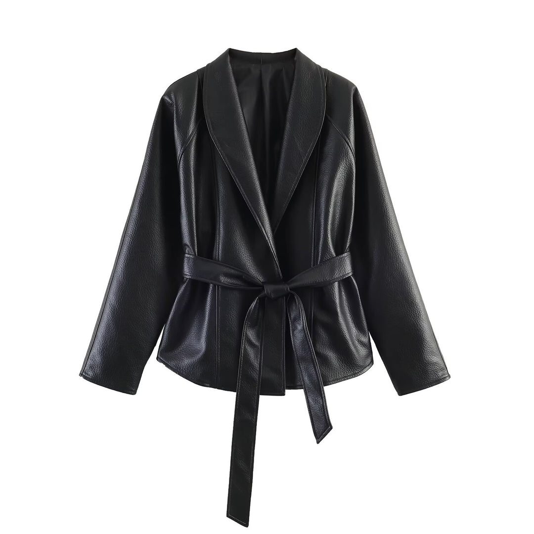 Damen Kurzjacke aus genarbtem Leder mit Schalkragen und Bindegürtel Shop Nory