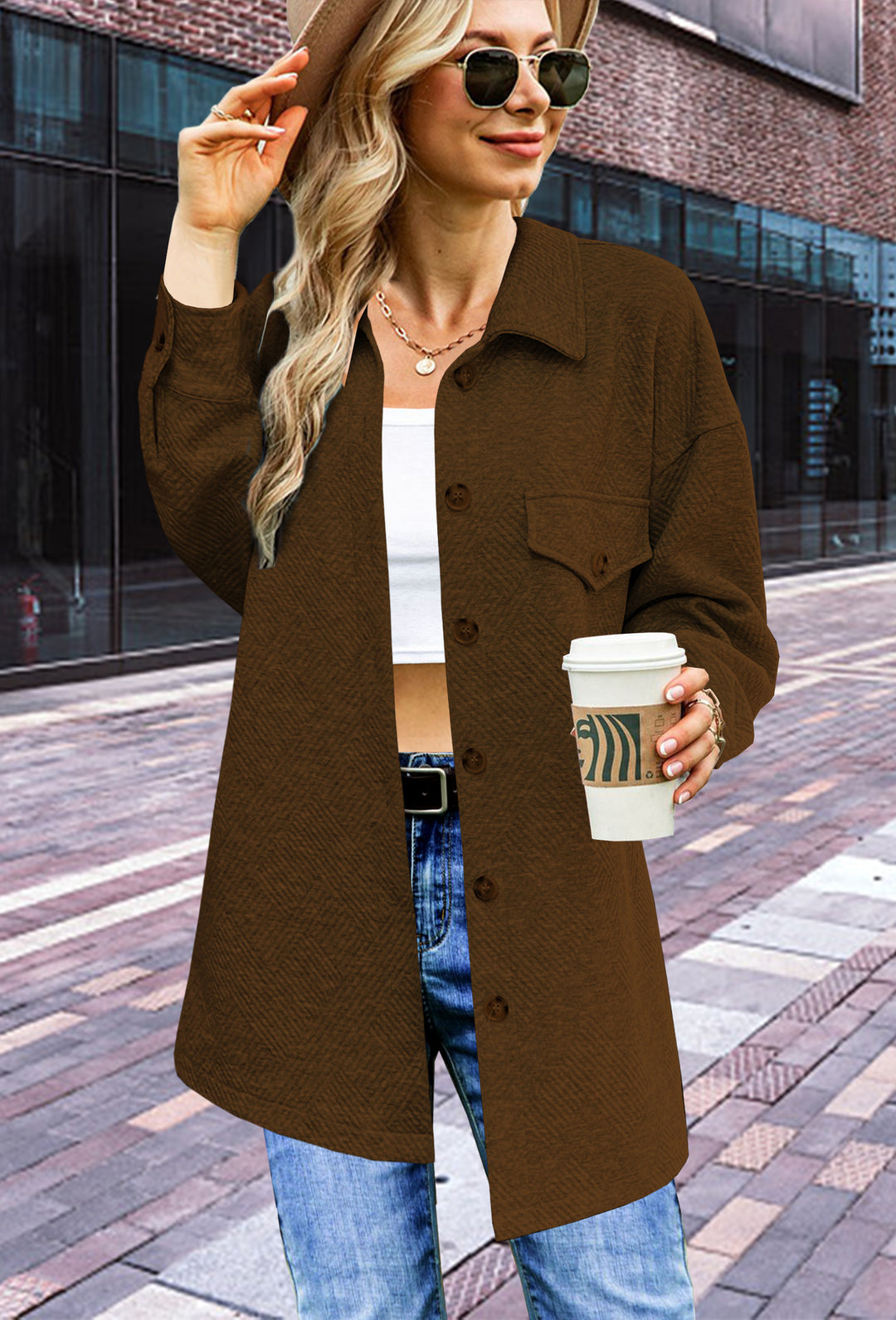 Damen Longline Oversize Hemdjacke mit aufgesetzten Pattentaschen und Strukturstoff Shop Nory