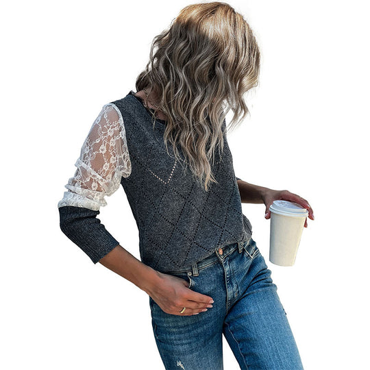 Damen Strickpullunder mit Argyle‑Struktur und transparenten Spitzenärmeln Shop Nory