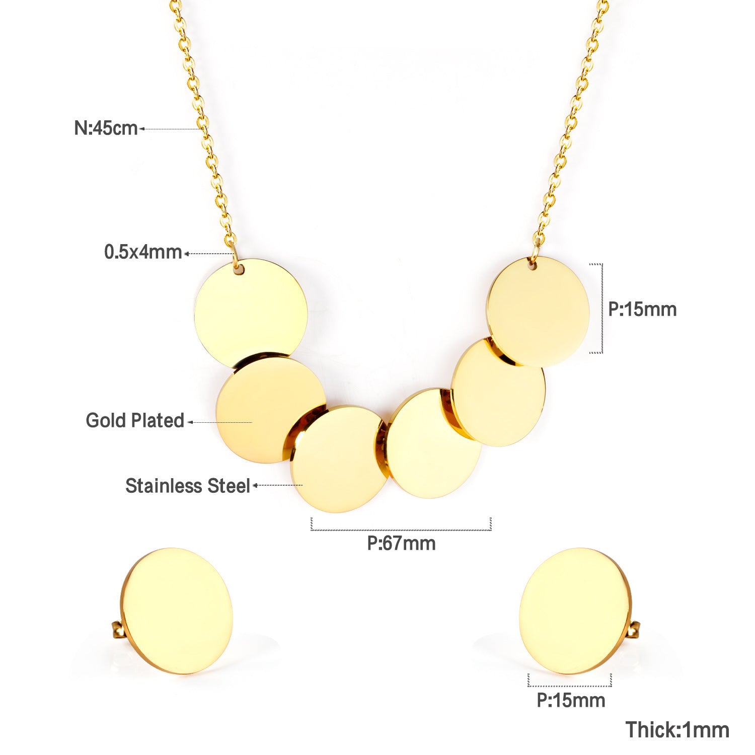 Damen Schmuckset mit goldplattierter Halskette und runden Ohrringen Shop Nory