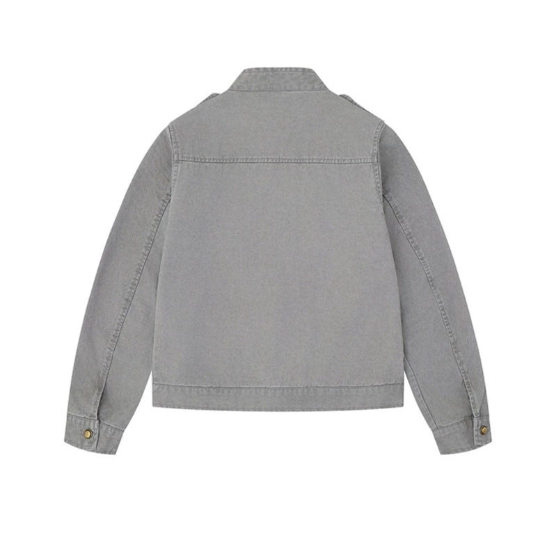 Damen Military-inspirierte Baumwoll-Canvas-Jacke mit Stehkragen, Zierknopfleisten und Schulterpatten Shop Nory