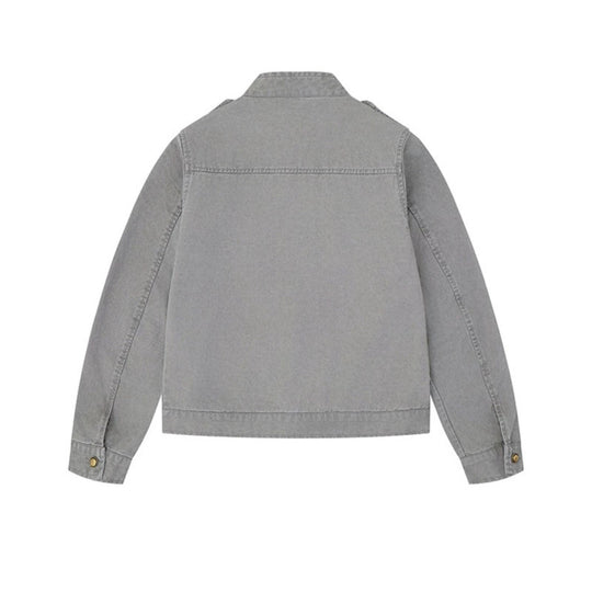 Damen Military-inspirierte Baumwoll-Canvas-Jacke mit Stehkragen, Zierknopfleisten und Schulterpatten Shop Nory