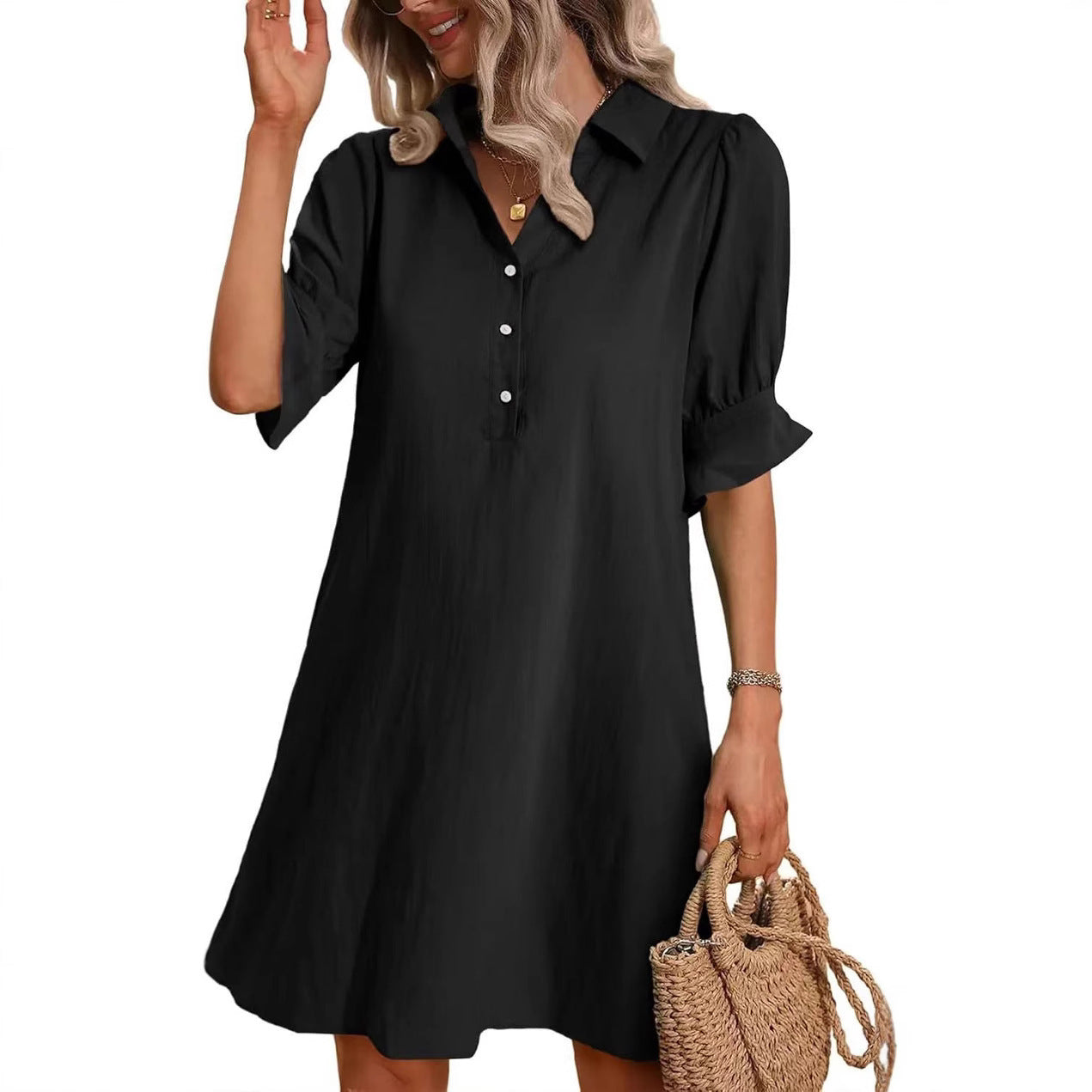 Damen lässiges Hemdkleid mit kurzen Ärmeln und praktischen Taschen