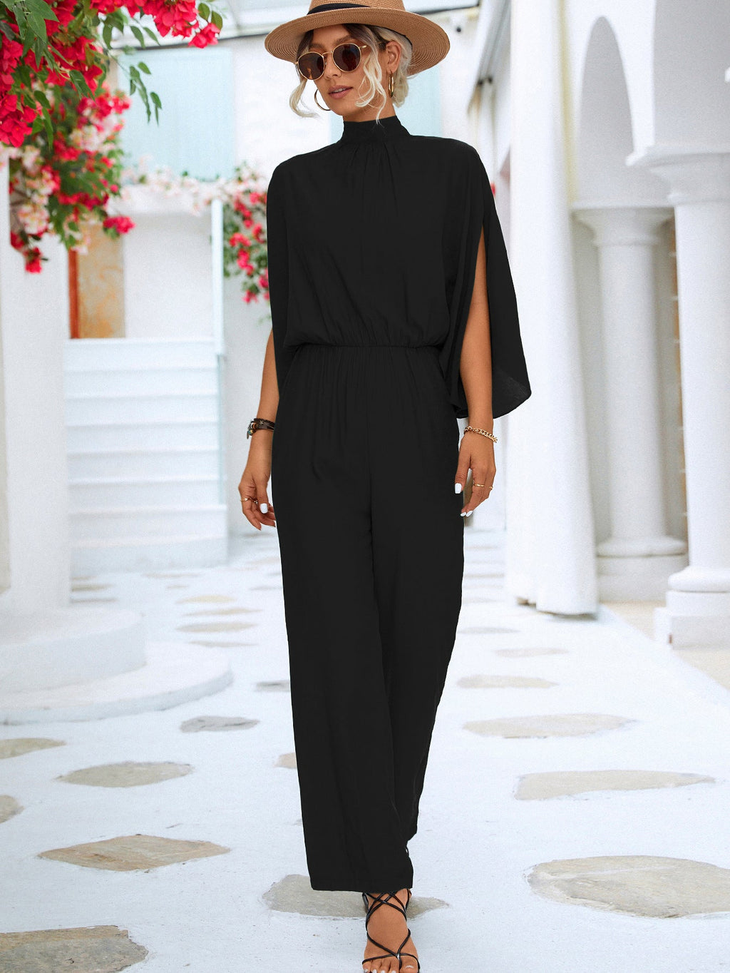 Damen Jumpsuit mit hohem Kragen und fließenden Ärmeln
