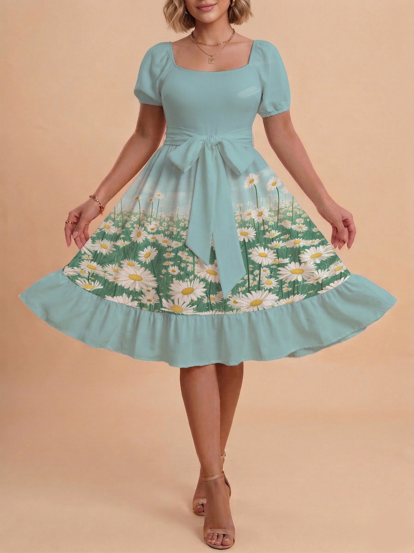 Damen Sommerliches Blumenkleid mit taillierbarem Gürtel und voluminösen Ärmeln