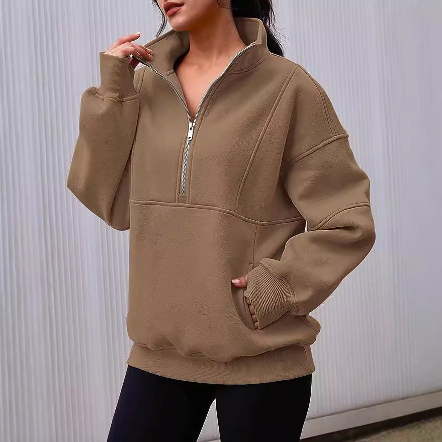 Damen Oversized Sweatshirt mit halbem Reißverschluss, Kängurutasche und Stehkragen Shop Nory