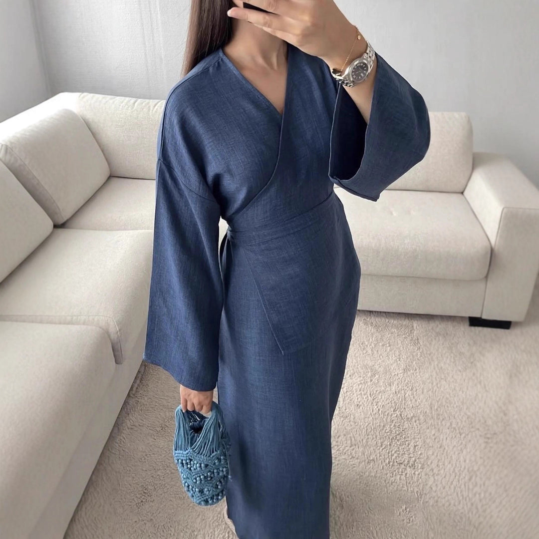 Damen Wickelmaxikleid in Leinenoptik mit Kimonoärmeln und Taillenbund Shop Nory