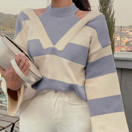 Damen Schulterfreier gestreifter Strickpullover mit Cut-Out-Schultern und V‑Einsatz Shop Nory