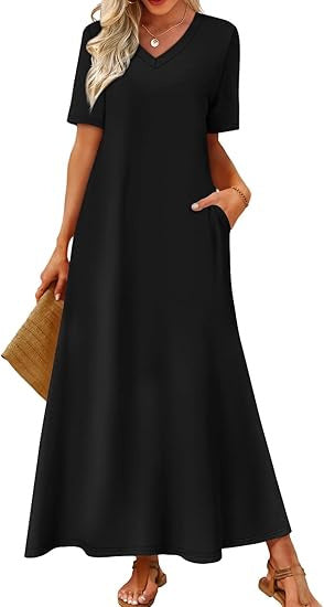 Damen Langes A-Linien-Maxikleid mit V-Ausschnitt, Kurzarm und Eingrifftaschen Shop Nory