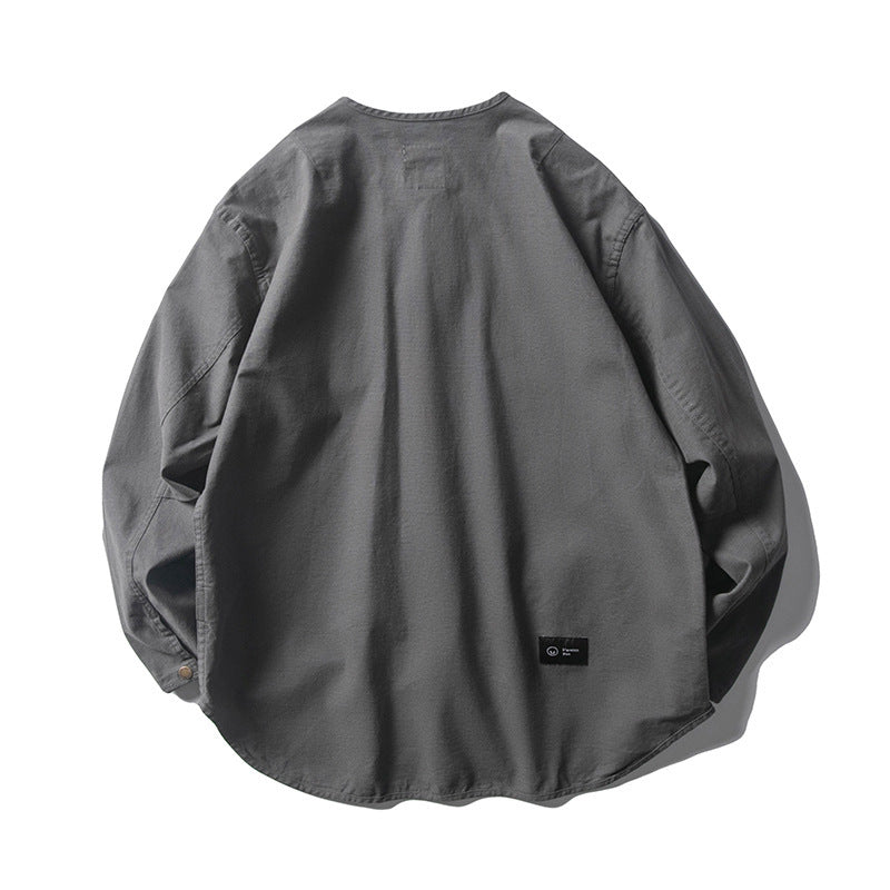 Unisex Kragenlose Overshirt-Jacke mit Druckknopfblende und aufgesetzten Brusttaschen Shop Nory