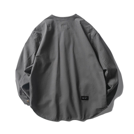 Unisex Kragenlose Overshirt-Jacke mit Druckknopfblende und aufgesetzten Brusttaschen Shop Nory