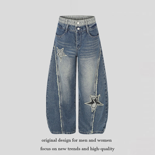 Damen High-Waist Weite Denim-Culotte mit Stern-Applikationen und Fransen-Detail Shop Nory