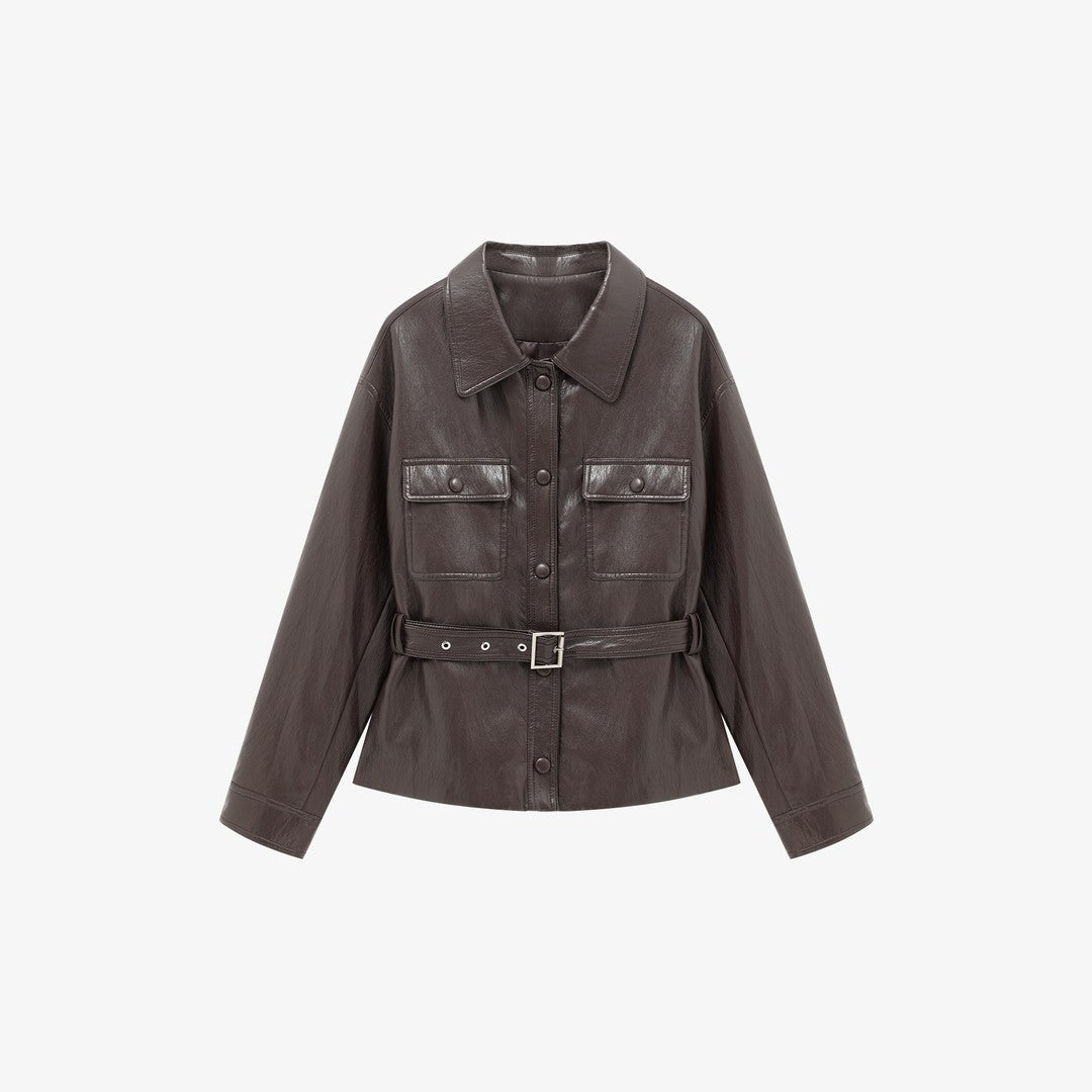 Damen Lederjacke im Oversize-Utility-Stil mit Taillengürtel Shop Nory