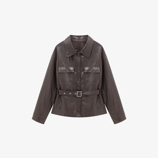 Damen Lederjacke im Oversize-Utility-Stil mit Taillengürtel Shop Nory