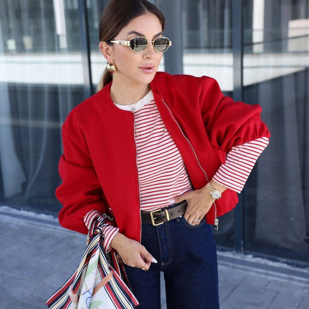 Damen Kurzer Wollmix-Bomber mit Rundhalsausschnitt, Reißverschluss und Ballonärmeln Shop Nory