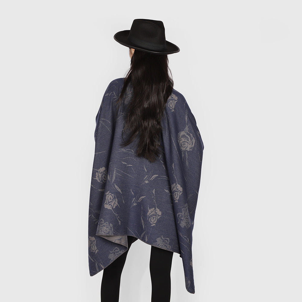 Damen Beidseitig tragbarer Jacquard-Überwurf mit Rosenmuster und Bindegürtel Shop Nory