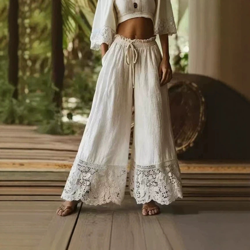 Damen nan weite Leinenhose mit elastischem Kordelbund und Spitzenbesatz Shop Nory