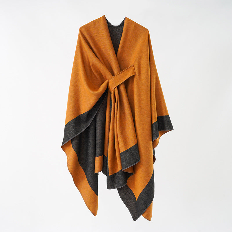 Damen Weicher Strickponcho mit Gürtel und Kontrastkante Shop Nory