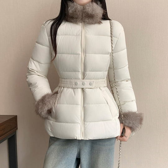Damen nan taillierte Thermo-Kurzjacke mit elastischem Taillengürtel, Webpelzkragen und Kunstfellmanschetten Shop Nory
