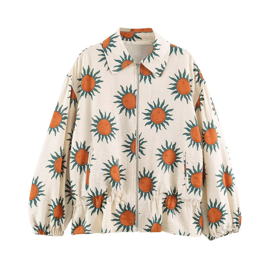 Damen Oversize Leichte Baumwolljacke mit Reißverschluss, Sonnen-Alloverprint und Tunnelzugbund Shop Nory