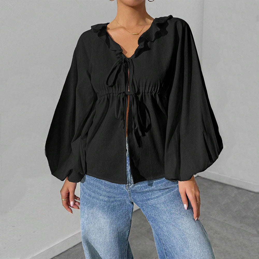 Damen lässige Rüschenbluse mit V‑Ausschnitt, Bindebändern und weiten Ballonärmeln Shop Nory