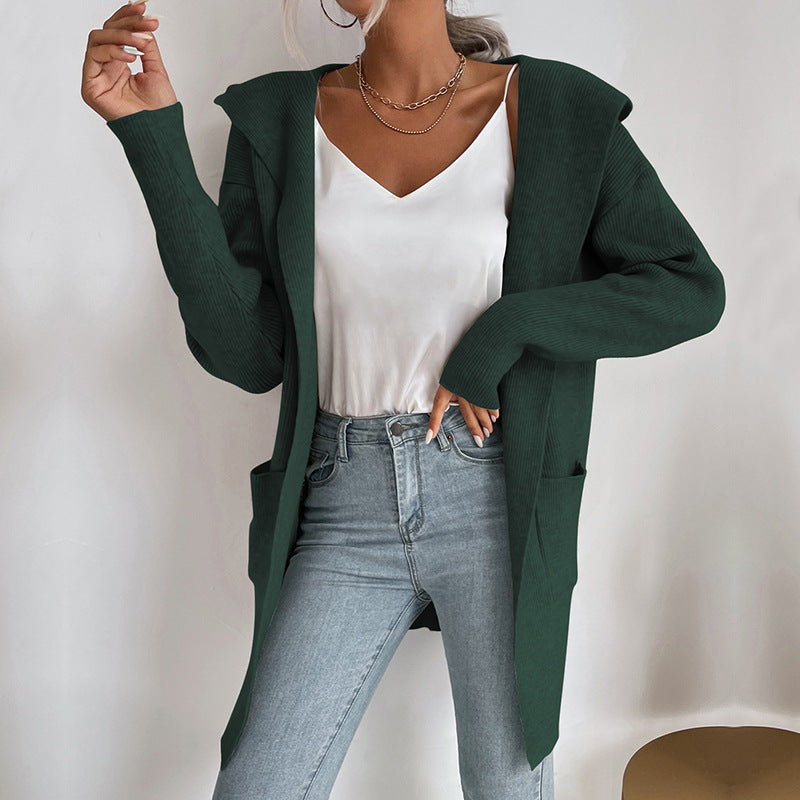 Damen Langärmlige Strickjacke mit Kapuze und seitlichen Taschen