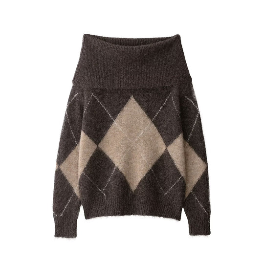 Damen Oversized Strickpullover mit Rollkragen und Rautenmuster Shop Nory