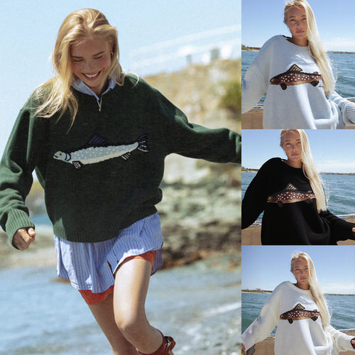 Damen Oversize Strickpullover mit Fisch-Jacquard, Halbkragen und Rippenbündchen Shop Nory