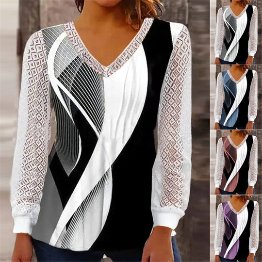 Damen V-Ausschnitt Bluse mit abstraktem Grafikprint und Spitzenärmeln Shop Nory