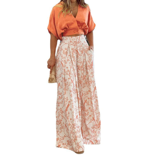 Damen Crop-Top Kombi-Anzug mit Weitem Rock und Floralem Muster